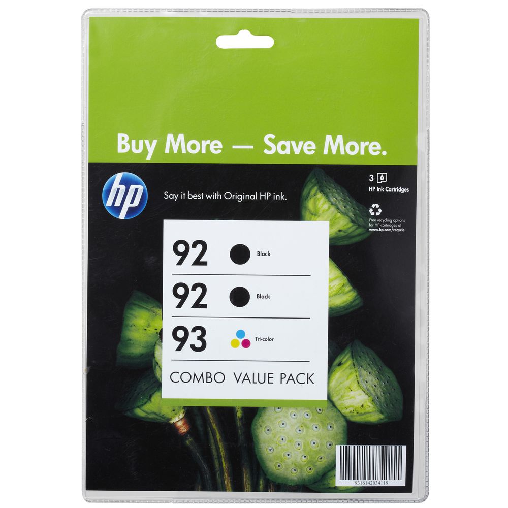 HP 92 Black and 93 Tri-Colour Ink Cartridge Value 3 Pack