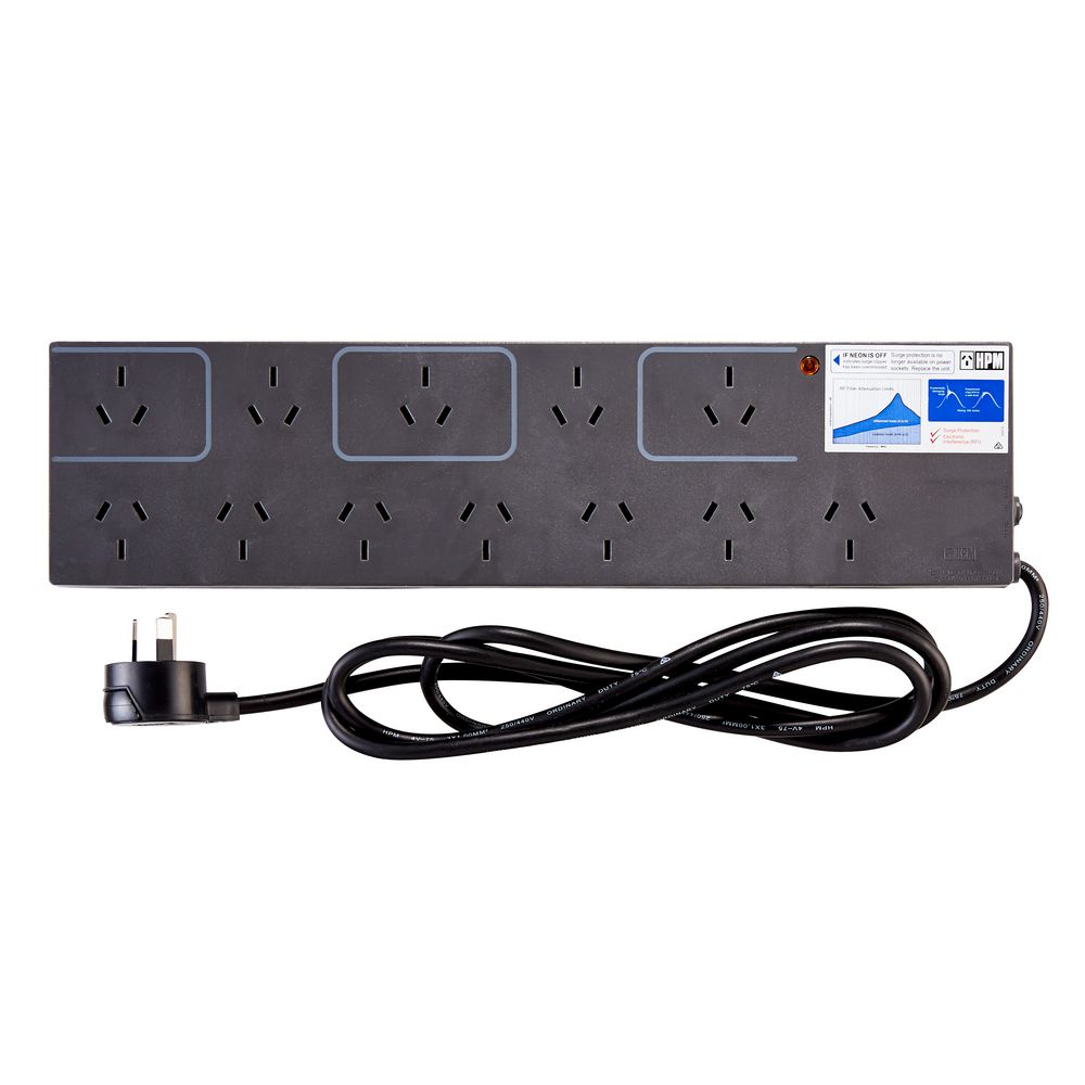 HPM Surge Protected 12 Outlet Powerboard Charcoal