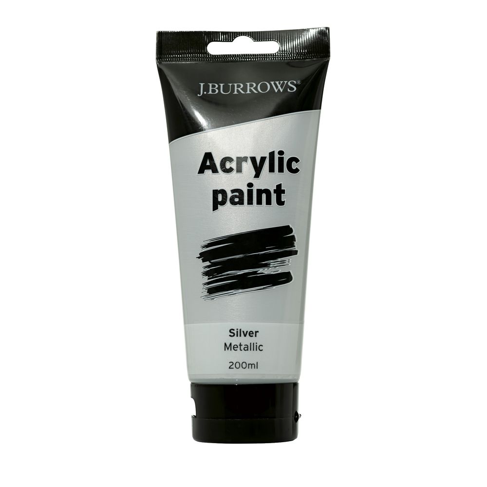 J.Burrows Acrylic Paint 200mL Metallic Silver Officeworks