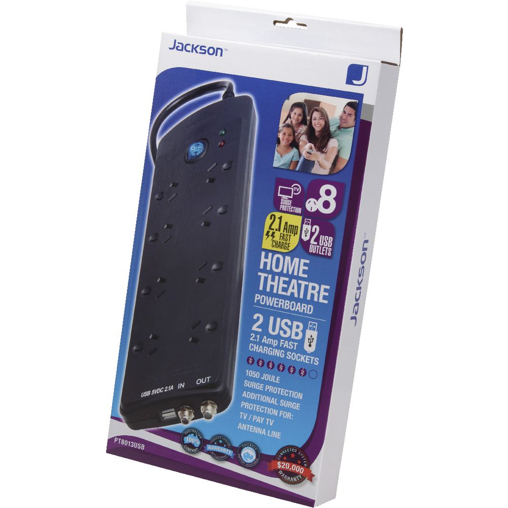 Jackson Surge Protected 8 Outlet Powerboard Black