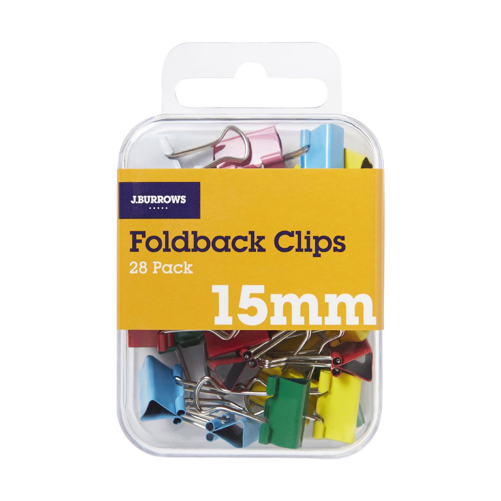 J.Burrows 15mm Foldback Clips Assorted 28 Pack