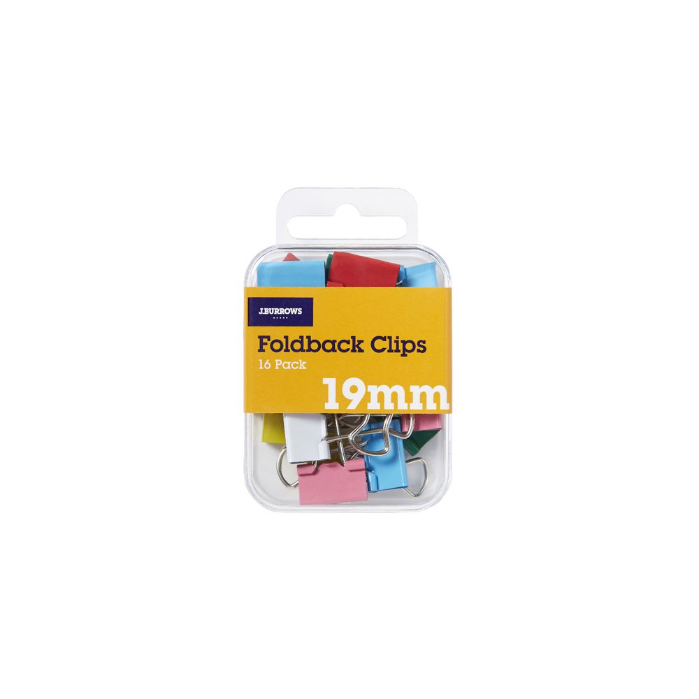 J.Burrows 19mm Foldback Clips Assorted 16 Pack