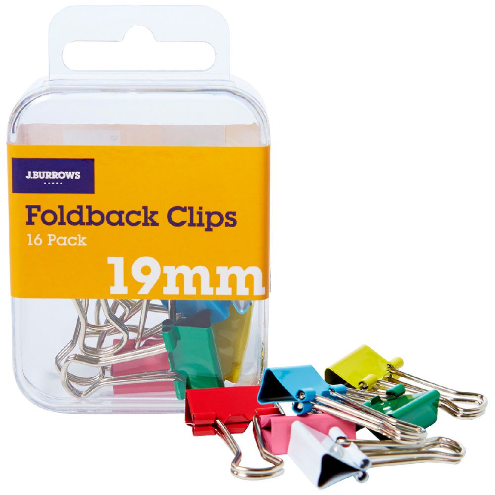 J.Burrows 19mm Foldback Clips Assorted 16 Pack