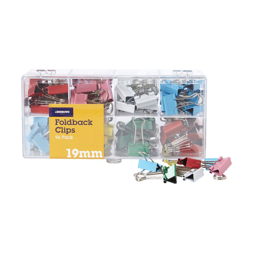 J.Burrows 19mm Foldback Clips Assorted 96 Pack