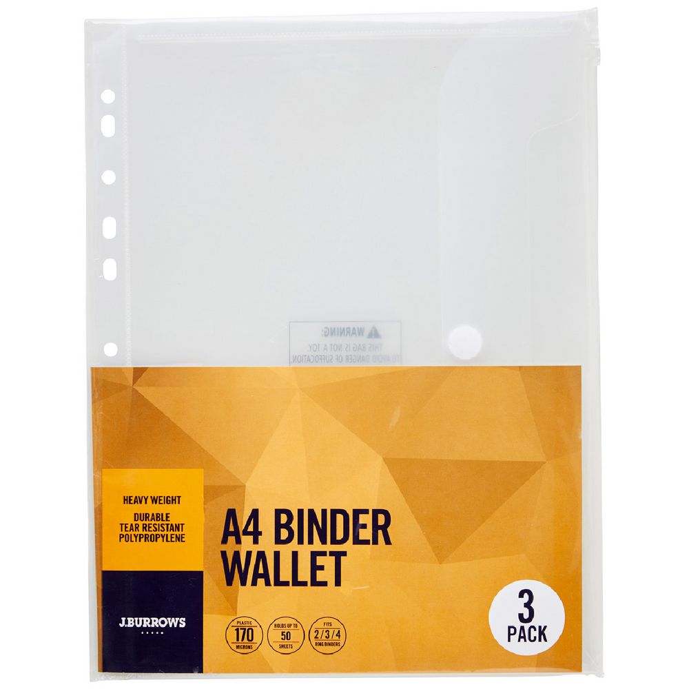 J.Burrows Binder Document Wallet A4 Clear 3 Pack