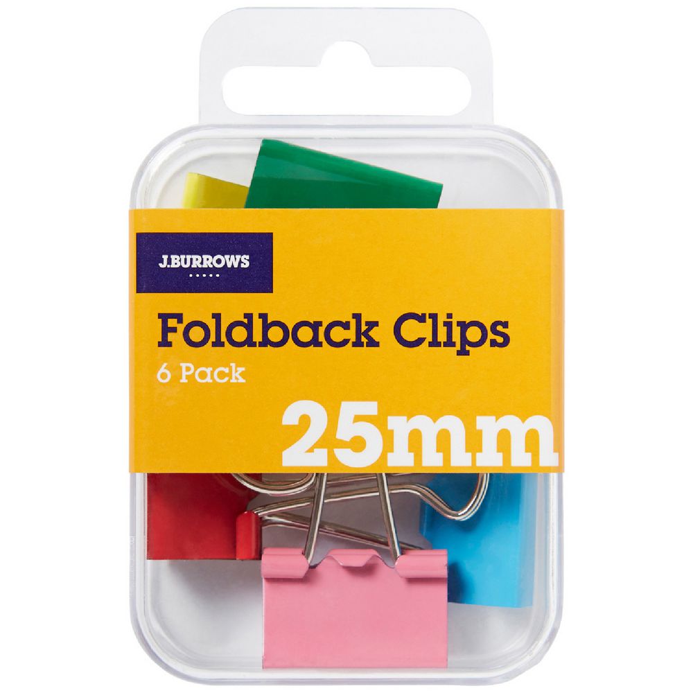 J.Burrows 25mm Foldback Clips Assorted 6 Pack