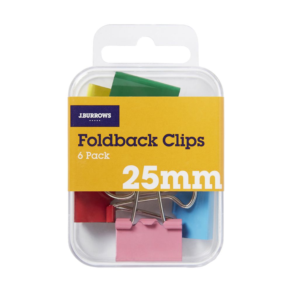 J.Burrows 25mm Foldback Clips Assorted 6 Pack