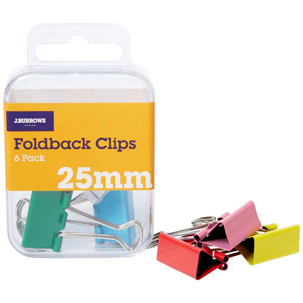 J.Burrows 25mm Foldback Clips Assorted 6 Pack