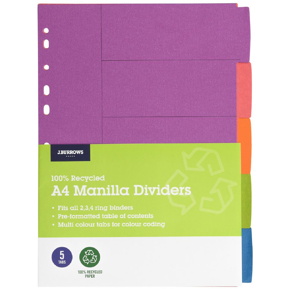 J.Burrows Manilla Dividers A4 Summer Colours 5 Tab