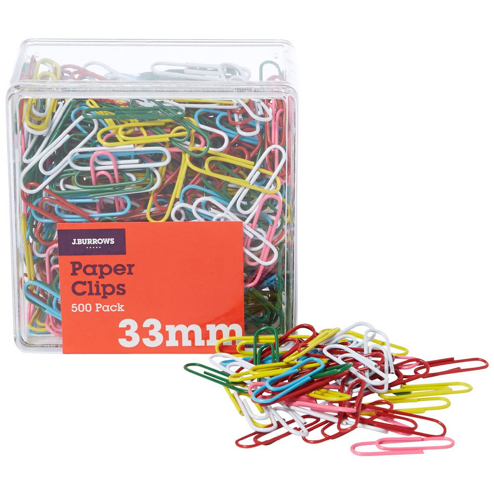 J.Burrows 33mm Paper Clips Assorted 500 Pack
