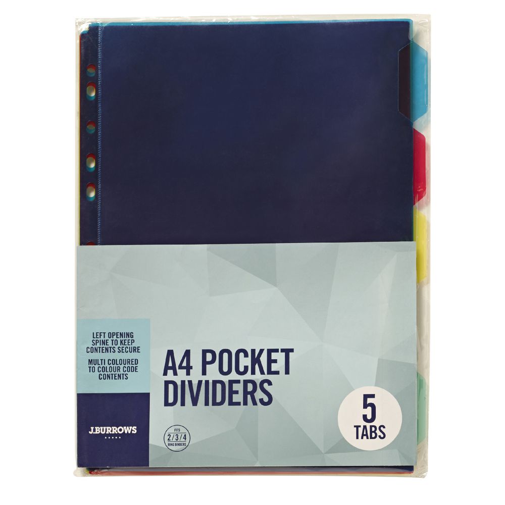 J.Burrows A4 Side Pocket 5 Tab Pocket Dividers Clear