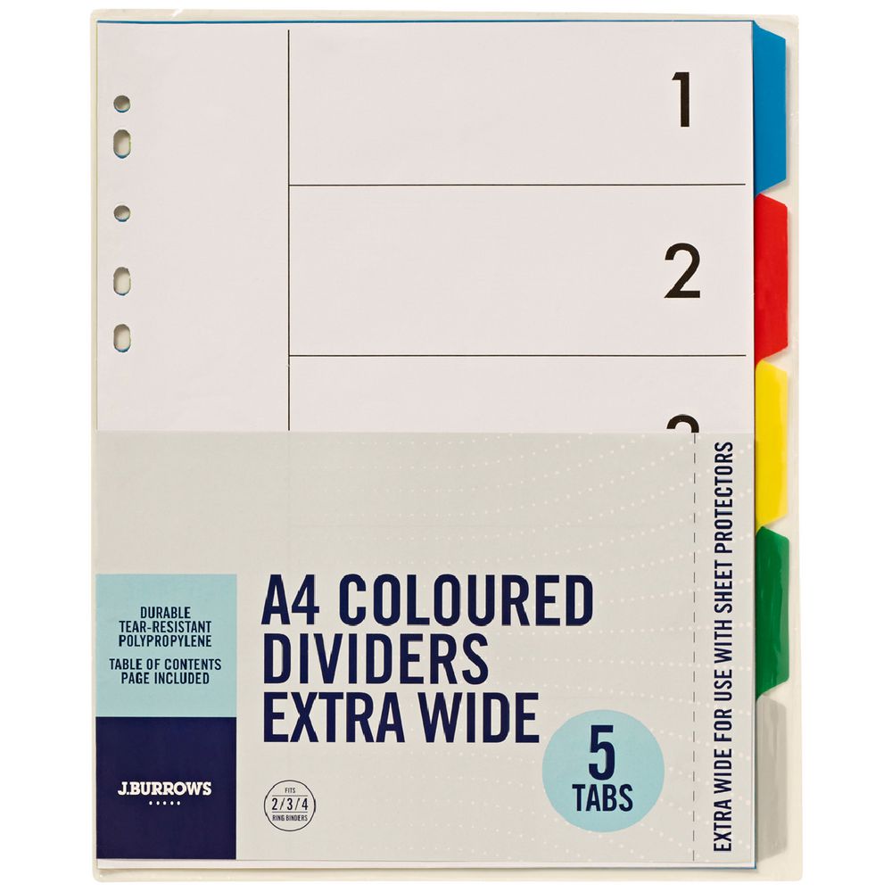J.Burrows A4 5 Tab Dividers Polypropylene Extra Wide