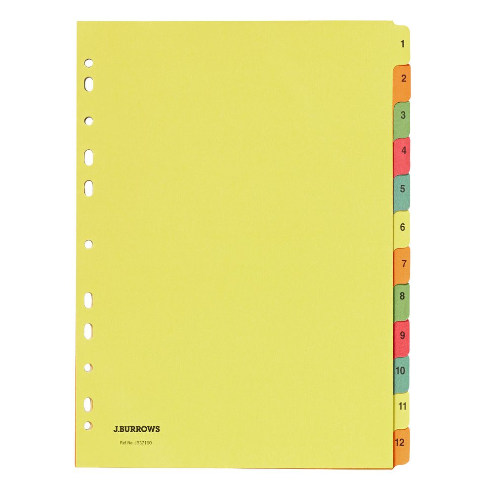 J.Burrows Manilla Dividers A4 1-12 Tab Assorted Colours