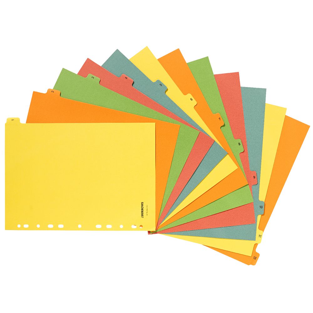 J.Burrows Manilla Dividers A4 1-12 Tab Assorted Colours