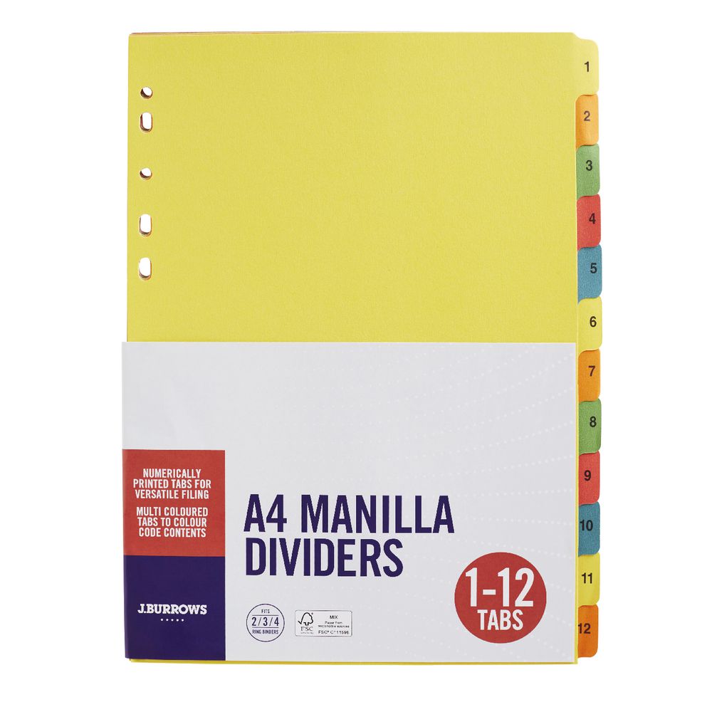 J.Burrows Manilla Dividers A4 1-12 Tab Assorted Colours