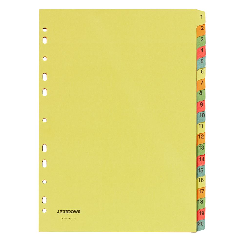 J.Burrows Manilla Dividers A4 1-20 Tab Assorted Colours