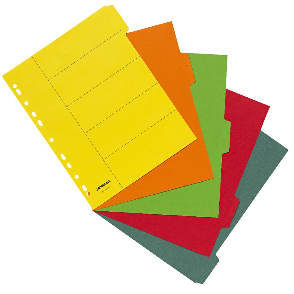 J.Burrows A4 5 Tab Dividers Extra Wide Bright Colours