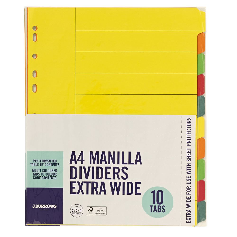 J.Burrows A4 10 Tab Dividers Extra Wide Manilla