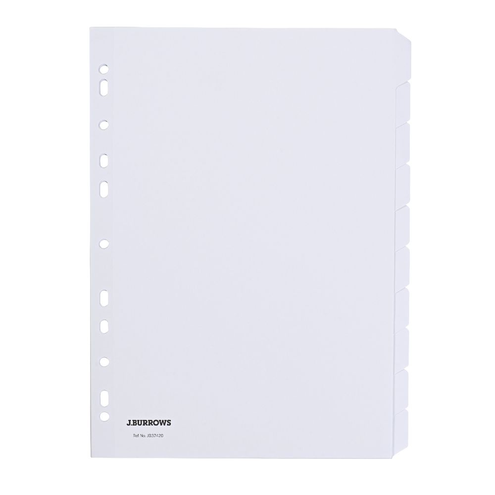 J.Burrows A4 10 Tab Dividers White 20 Pack