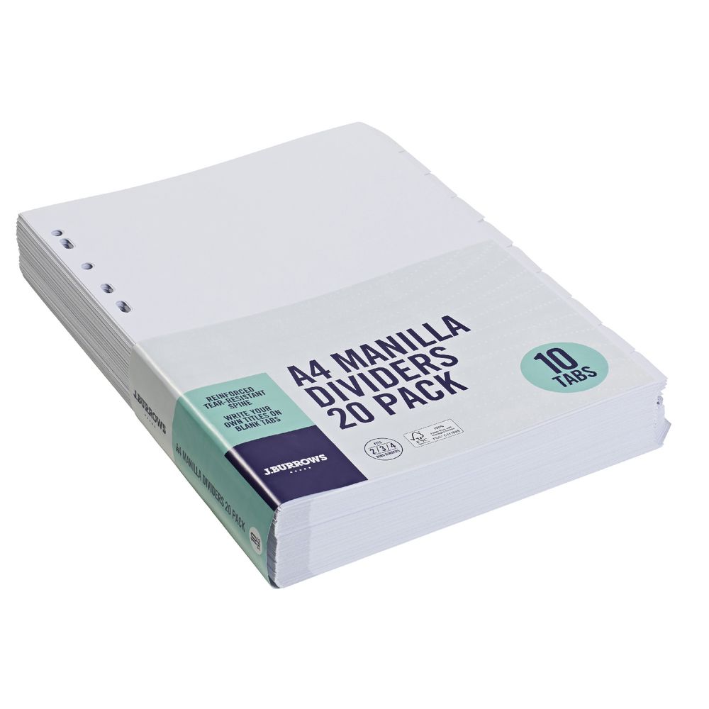 J.Burrows A4 10 Tab Dividers White 20 Pack