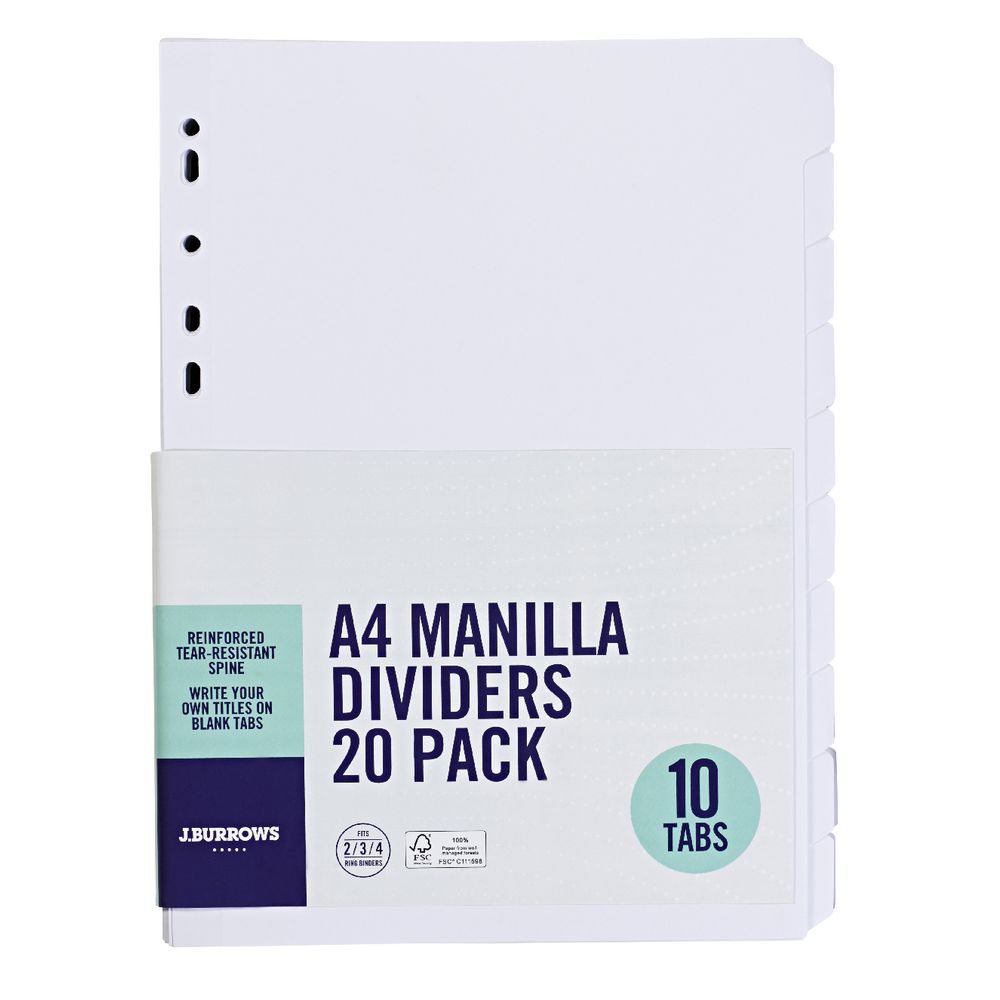J.Burrows A4 10 Tab Dividers White 20 Pack