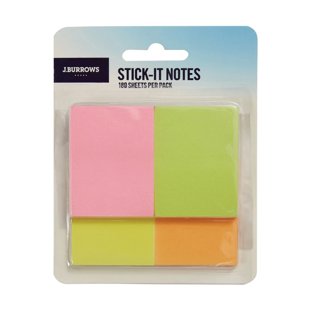 J.Burrows Stick-it Notes 38 x 50mm Assorted Neon 4 Pack