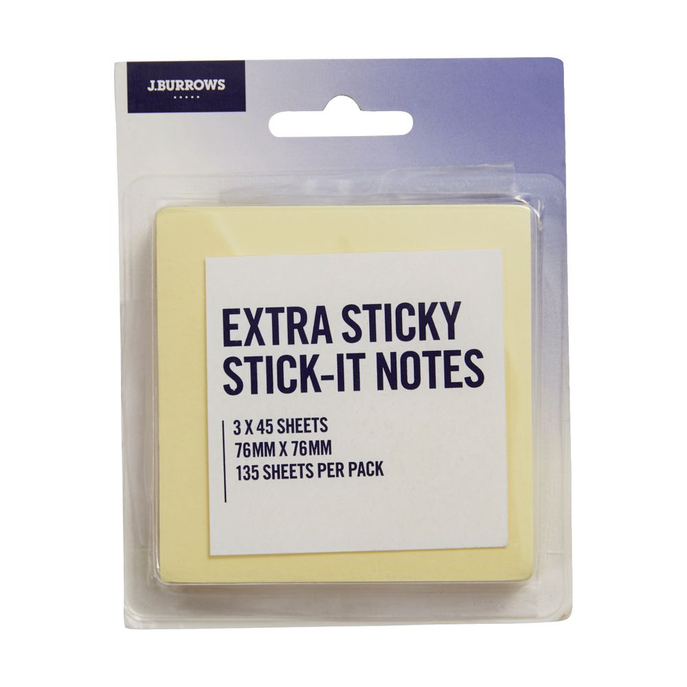 J.Burrows Extra Stick-it Notes 76 x 76mm Yellow 3 Pack