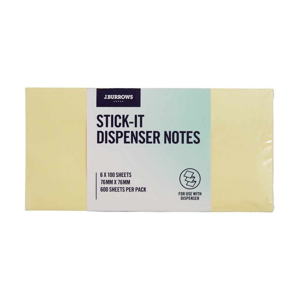 J.Burrows Stick-it Dispenser Notes 76 x 76mm Yellow 6 Pack