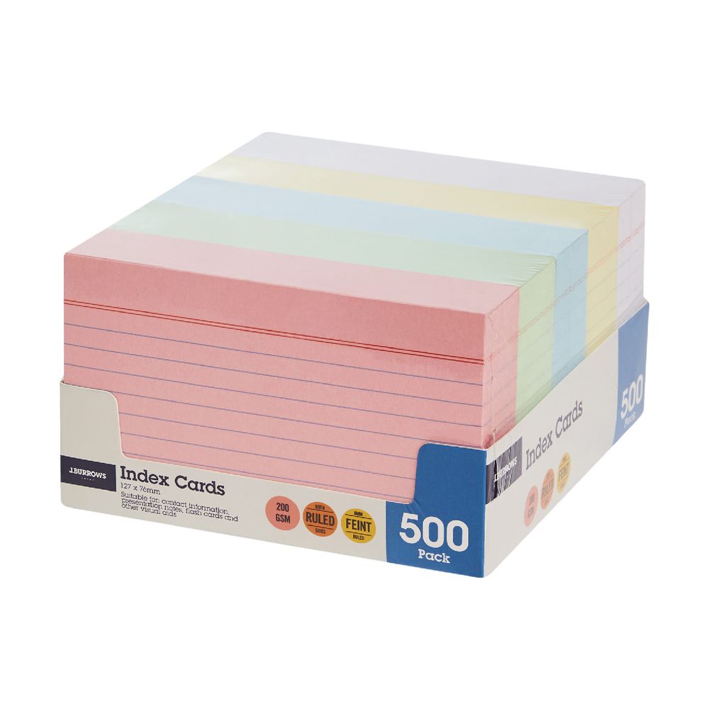 J.Burrows Index Cards Ruled 127 x 76mm Assorted 500 Pack