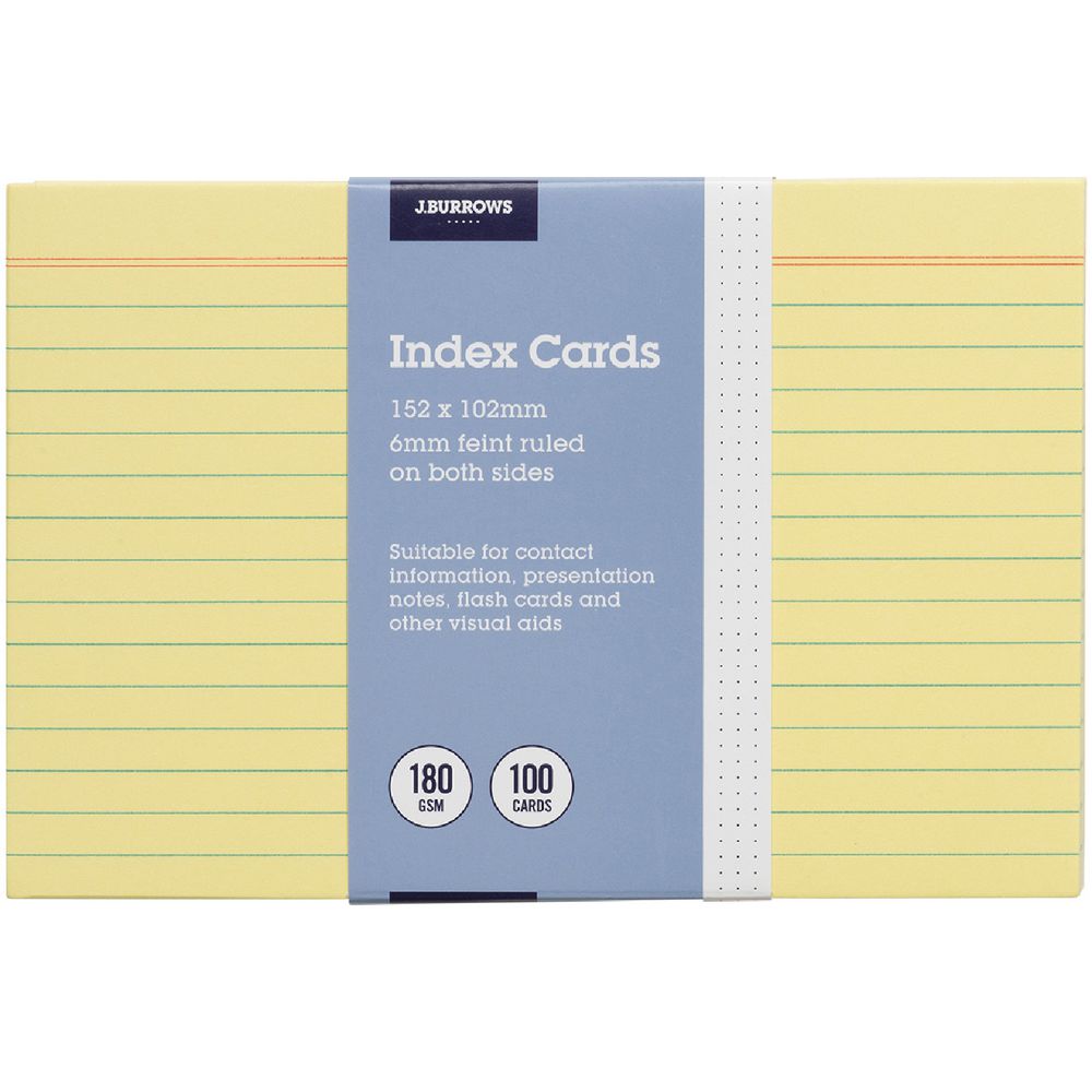 J.Burrows Index Cards Ruled 152 x 102mm Yellow 100 Pack