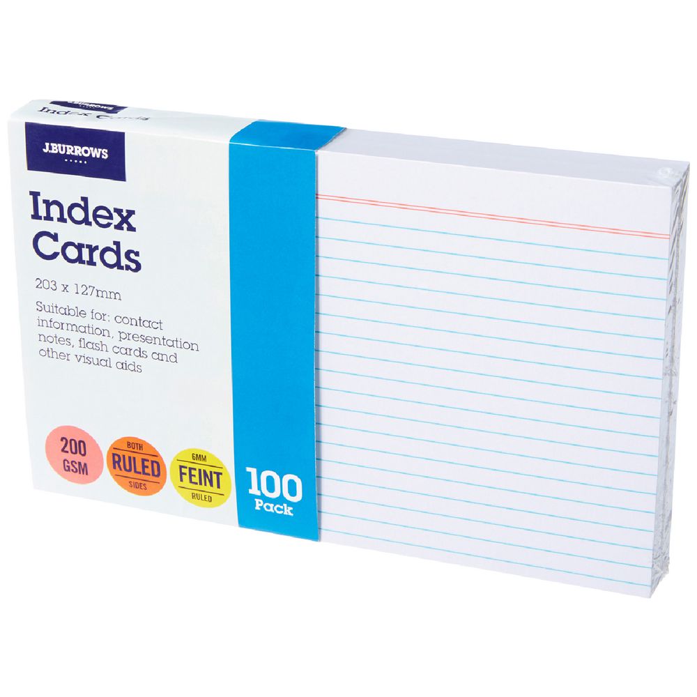 J.Burrows Index Cards Ruled 203 x 127mm White 100 Pack