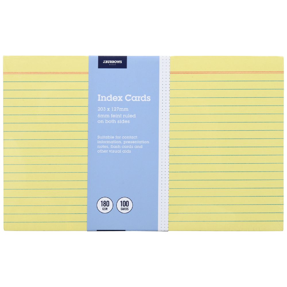 J.Burrows Index Cards Ruled 203 x 127mm Yellow 100 Pack