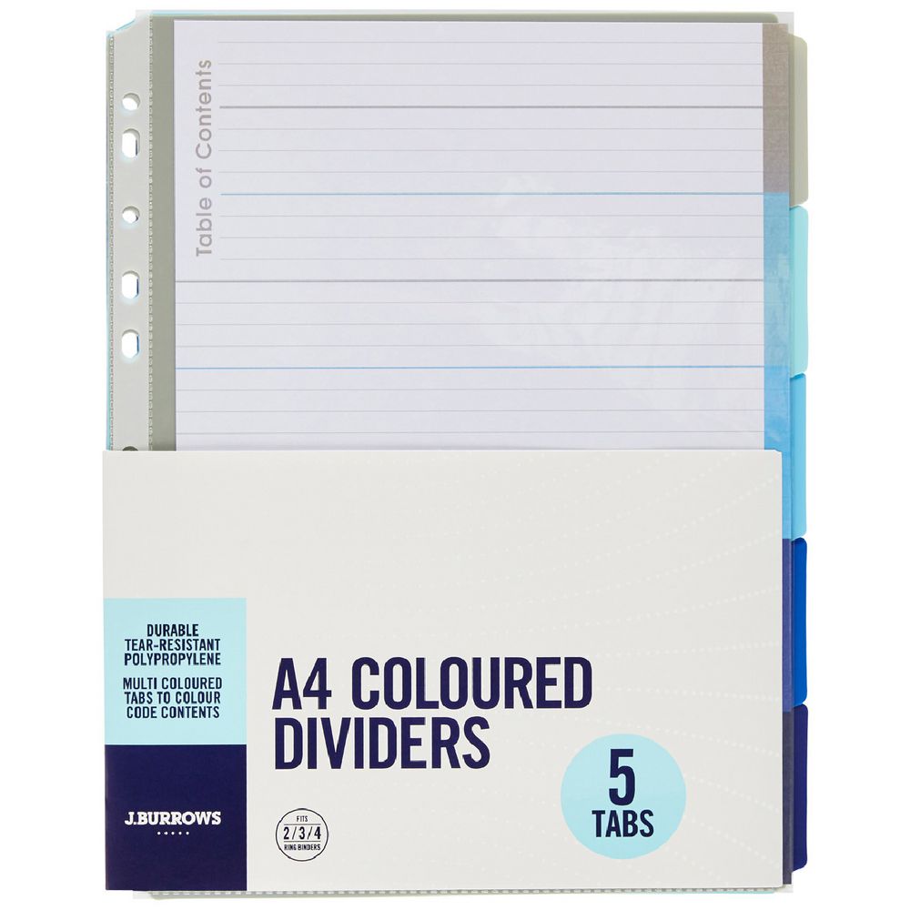 J.Burrows A4 Premium 5 Tab Index Dividers Cool Colours