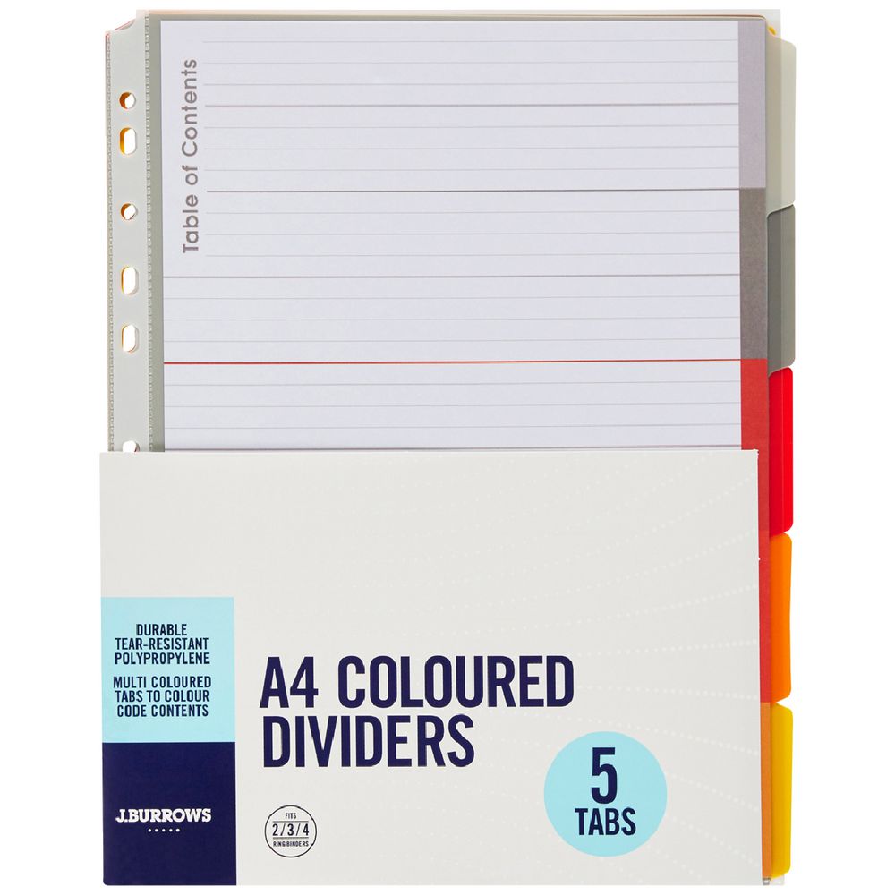 J.Burrows A4 Premium 5 Tab Index Dividers Hot Colours
