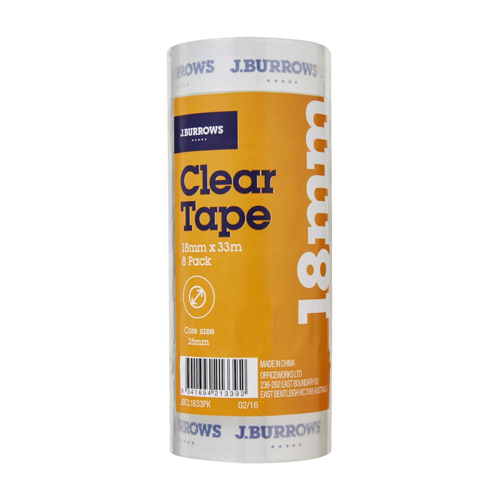 J.Burrows Clear Adhesive Tape 18mm x 33m 8 Pack