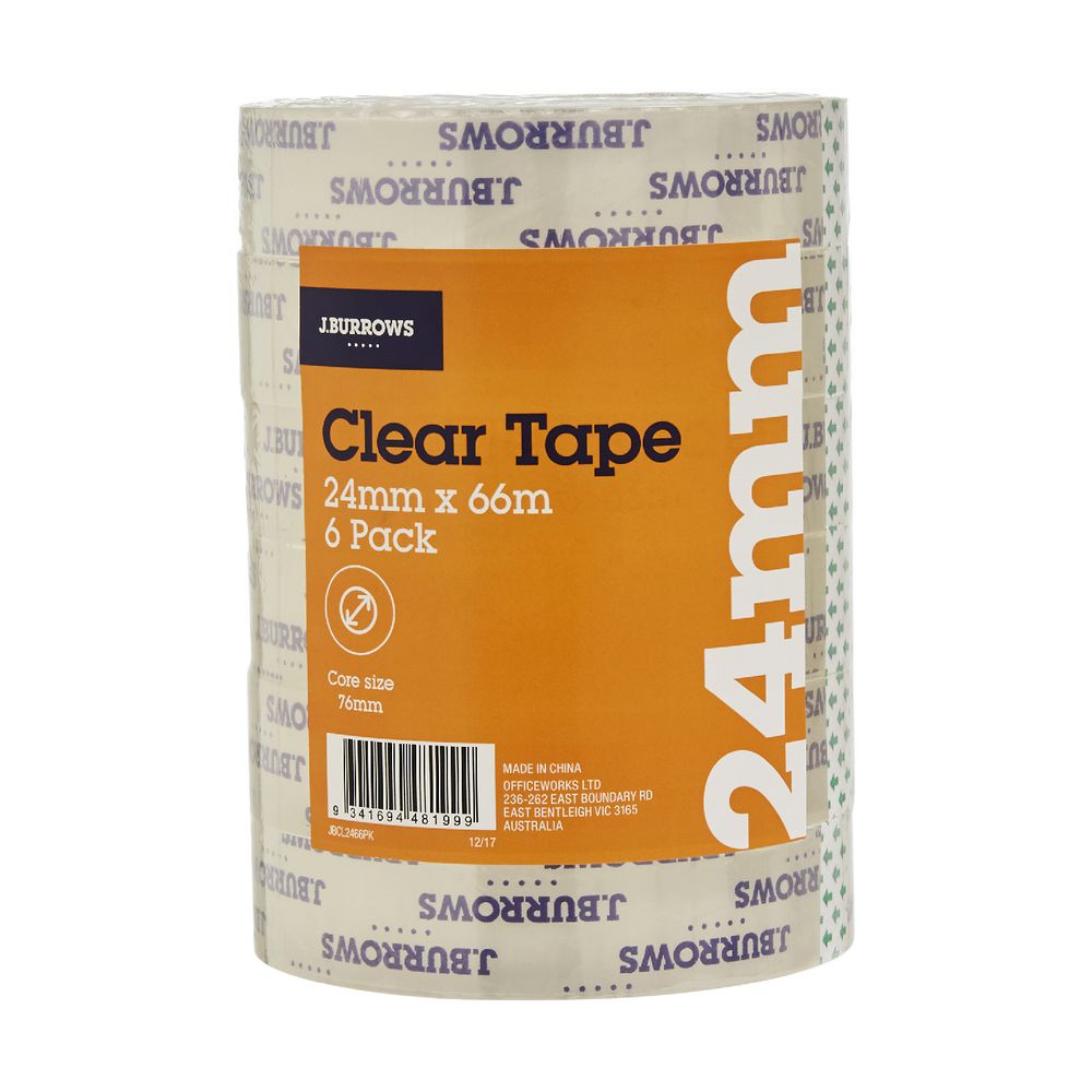 J.Burrows Clear Adhesive Tape 24mm x 76m 6 Pack Officeworks
