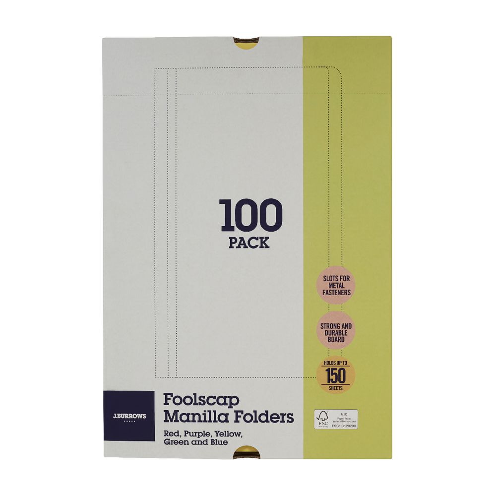 J.Burrows Manila Folder Foolscap Assorted Colours 100 Pack