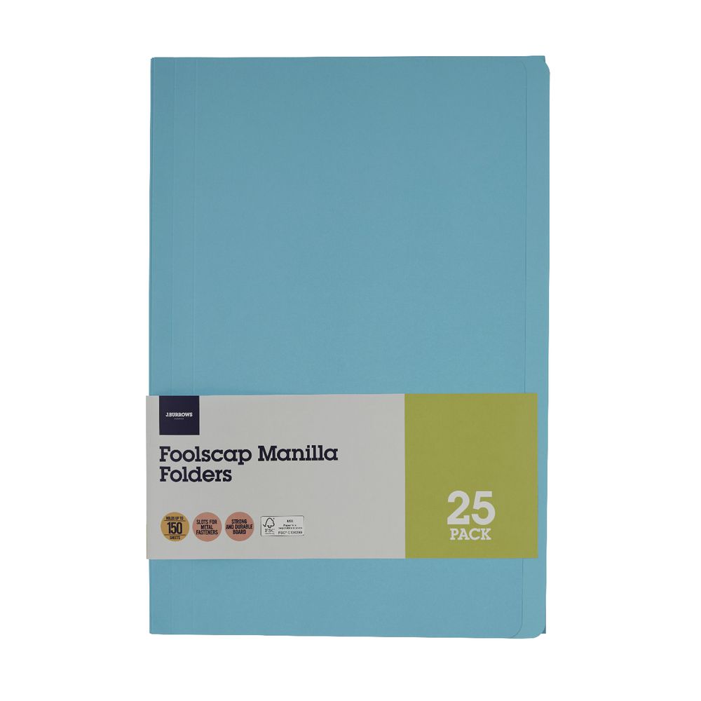 J.Burrows Foolscap Manila Folder Aqua 25 Pack