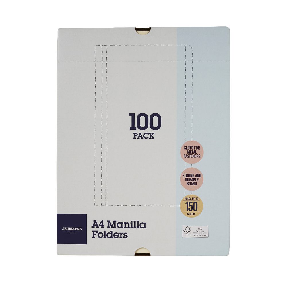 J.Burrows Manila Folder A4 Buff 100 Pack