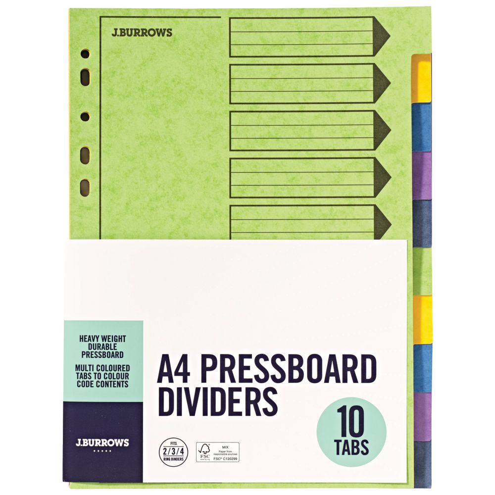 J.Burrows A4 Pressboard Index Dividers 10 Tab