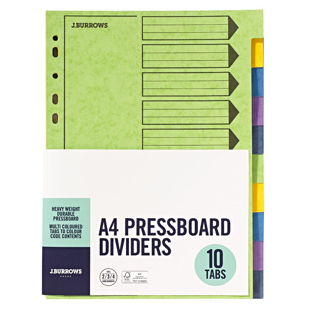 J.Burrows A4 10 Tab Pressboard Index Dividers