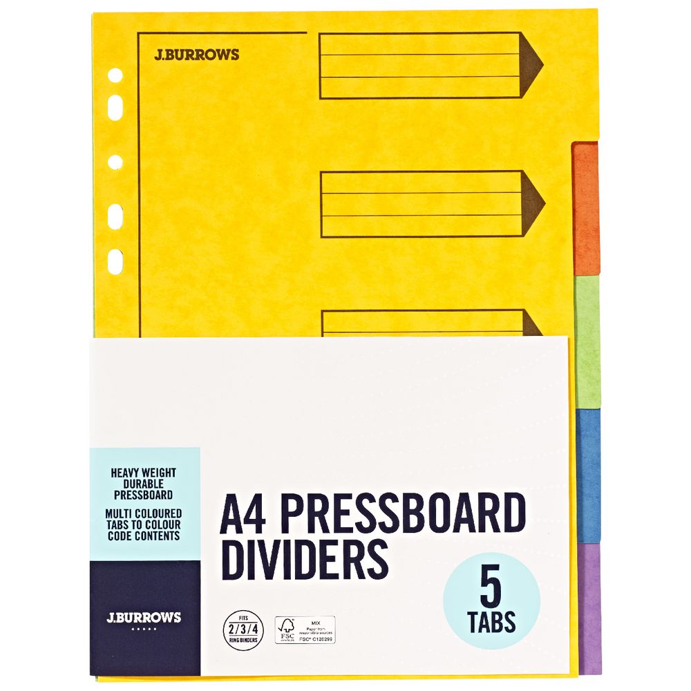 J.Burrows A4 Pressboard Index Dividers 5 Tab
