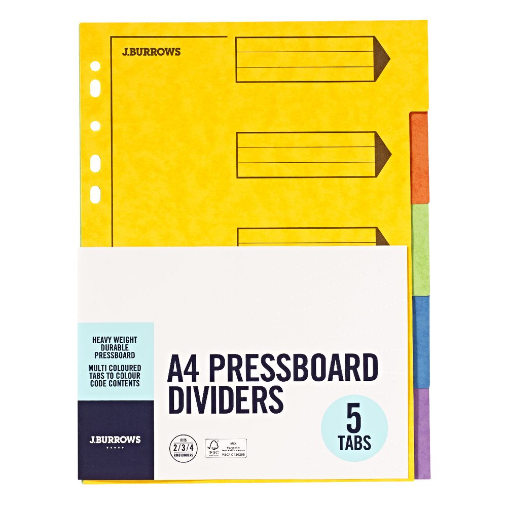 J.Burrows A4 5 Tab Pressboard Index Dividers