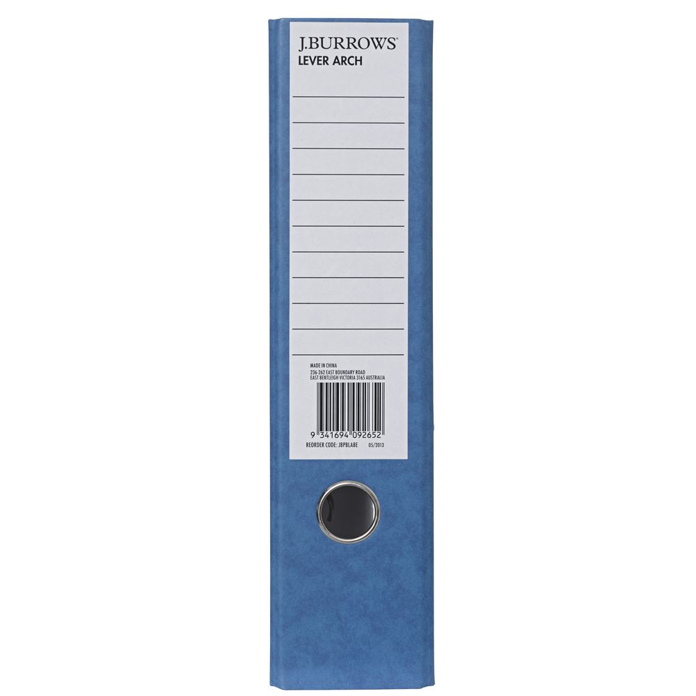 J.Burrows Pressboard Lever Arch File A4 2 Ring Blue