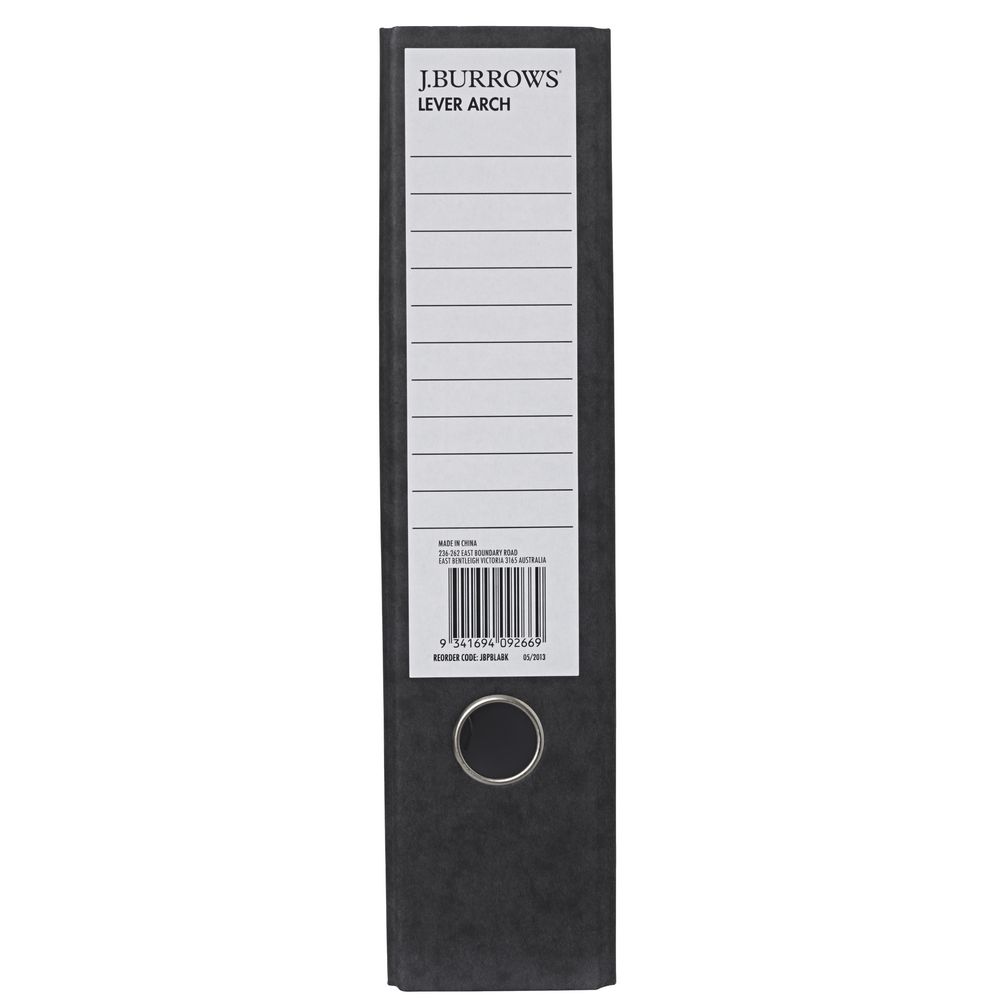 J.Burrows Pressboard Lever Arch File A4 2 Ring Black