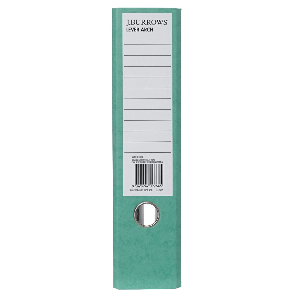 J.Burrows Pressboard Lever Arch File A4 2 Ring Green