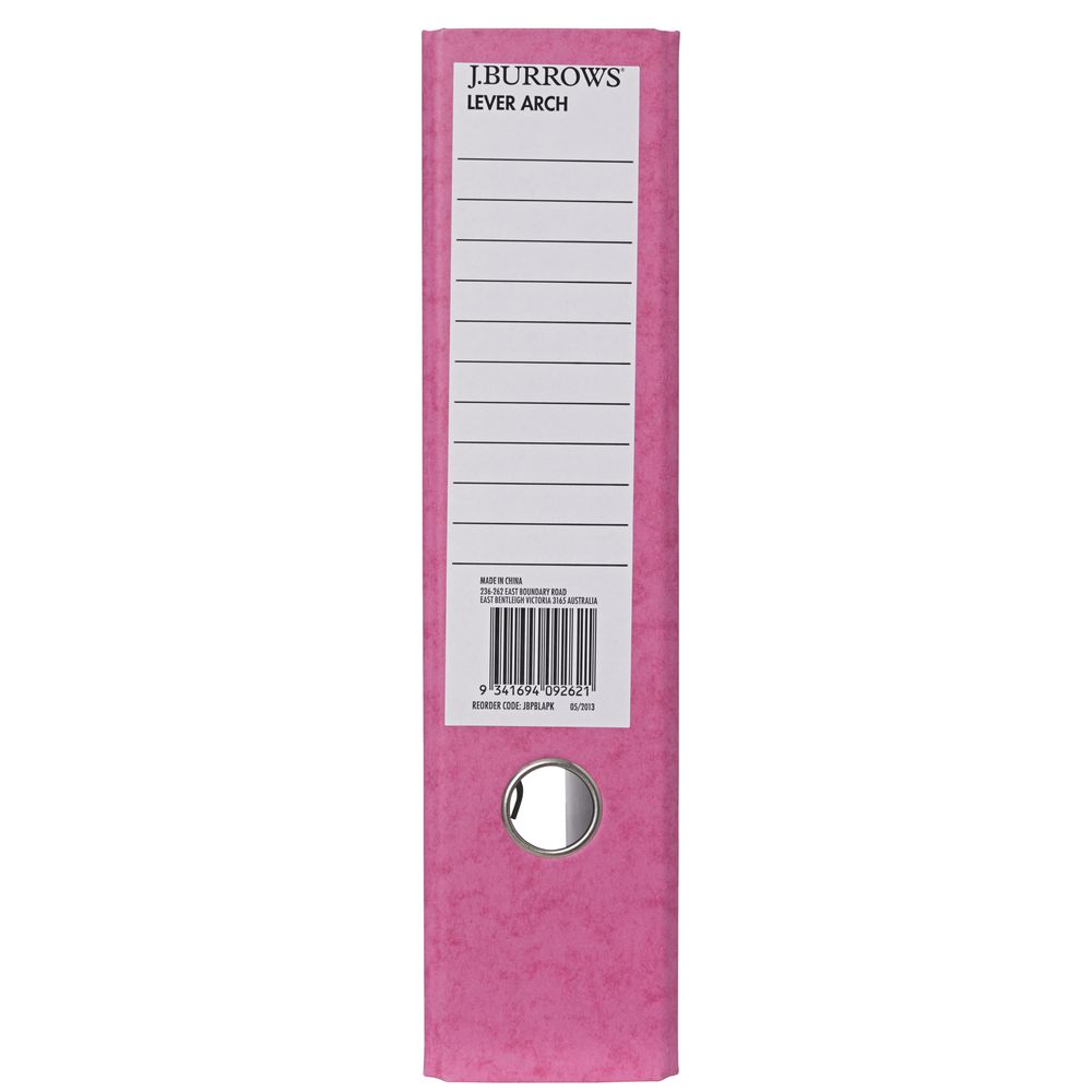 J.Burrows Pressboard Lever Arch File A4 2 Ring Pink
