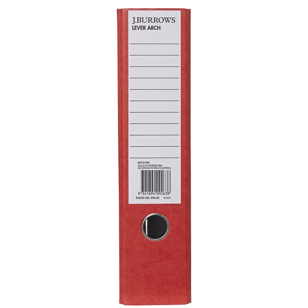 J.Burrows Pressboard Lever Arch File A4 2 Ring Red