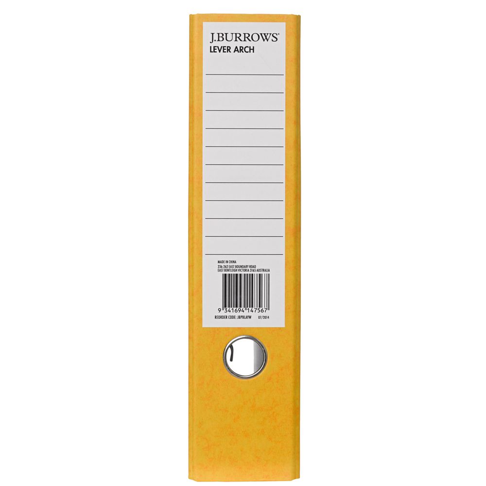J.Burrows Pressboard Lever Arch File A4 2 Ring Yellow