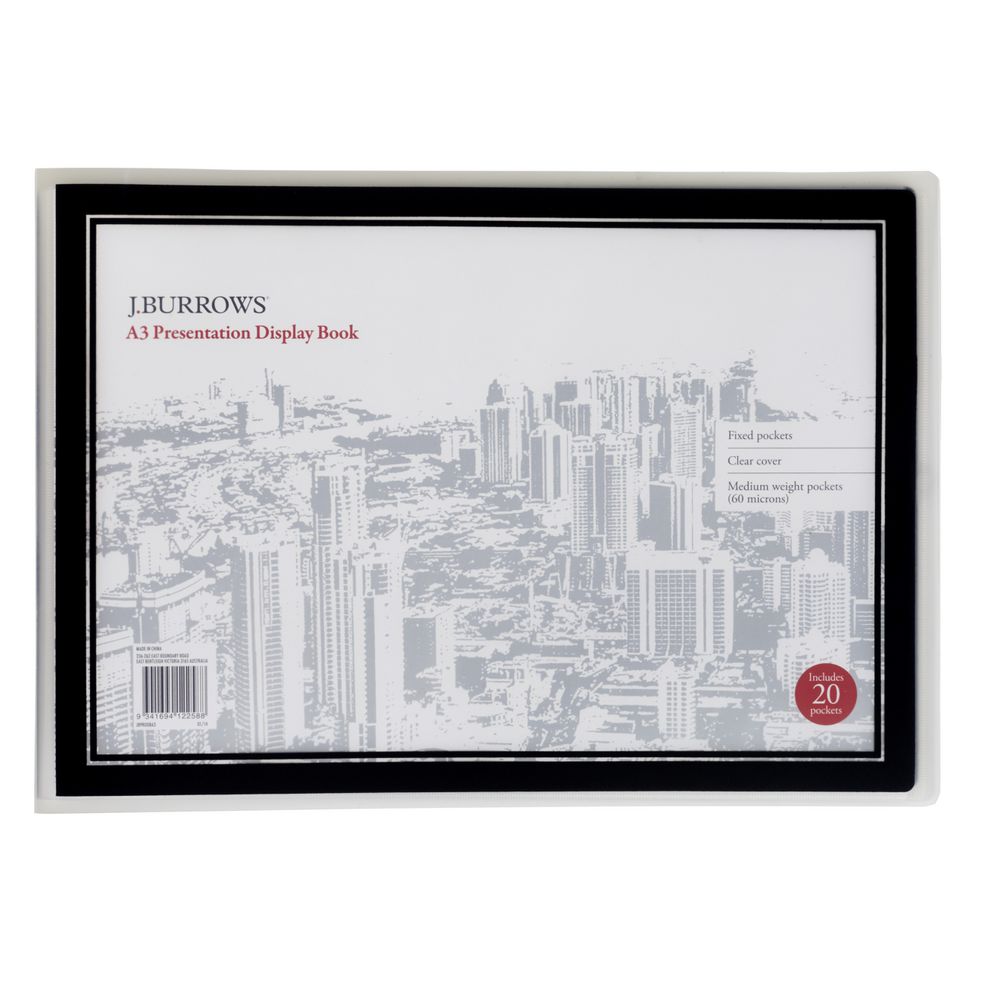 J.Burrows A3 Landscape Display Book with 20 Pockets Black